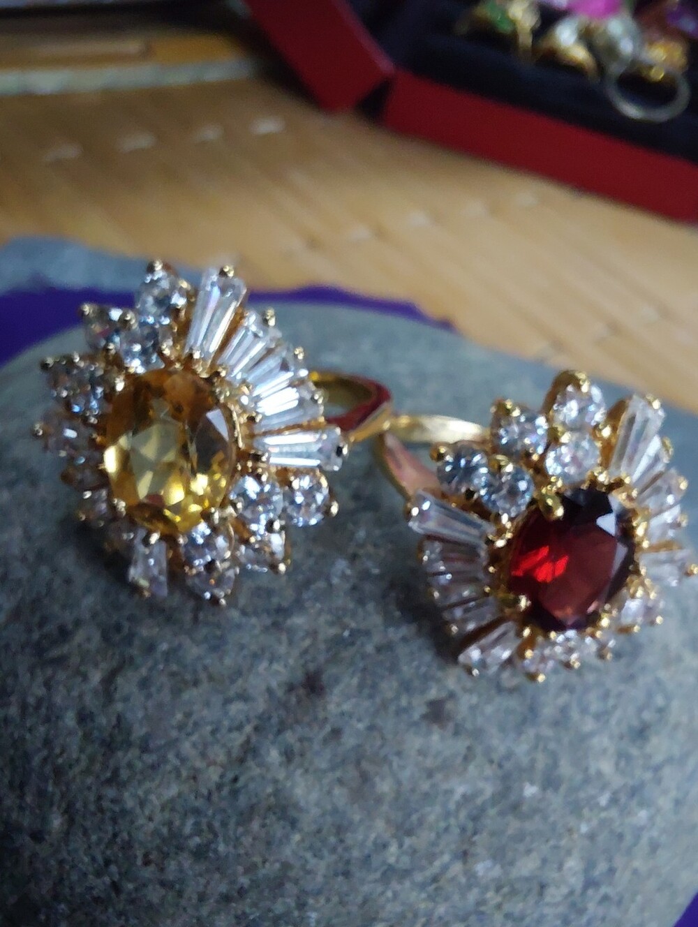Vintage Sunburst Cocktail rings 925 Sterling/GT Ballerina Cut Ruby & Citrine 7.5